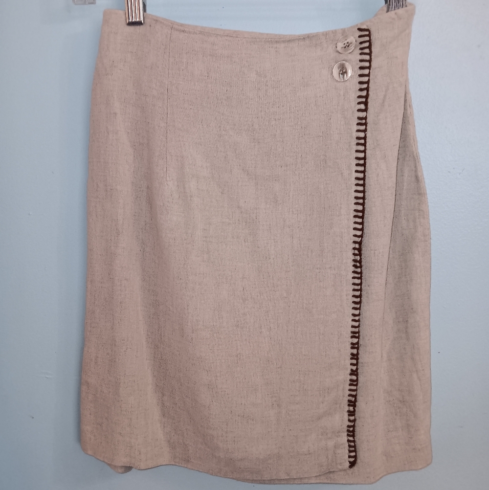 Star CCC Tan Skirt Linen Blend Button & Embroidery Blanket Stitch Detail Size 5